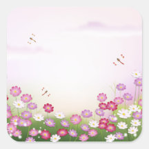 Gulliga rosa blommor, sländor klistermärke