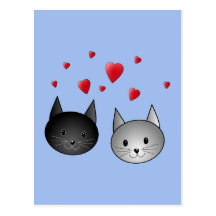 Gulliga svart och gråa katter, med Hearts. Vykort