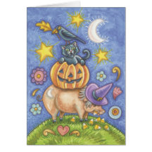 Halloween kort, gris, svart katt, pumpa, kråka