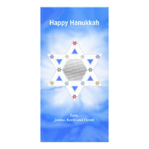 Hanukkah stjärna och snöflingorblått hälsningskort med foto