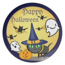 Happy halloweenhäxakatten pläterar tallrikar