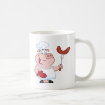 Happy Pig Chef  With Sausage Fork Coffee Mugs