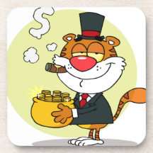 Happy Tiger With Pot Of Gold Drink Coasters