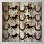 Hästar och hästskor på Wood Cowboygåvor för ladugå Posters