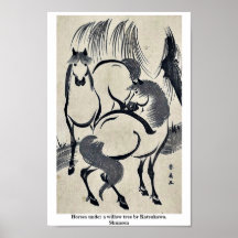 Hästar under ett pilträd vid Katsukawa, Shunsen Posters