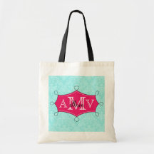 Hot Pink Doodle Frame Damask Monogram Name Tote Bags