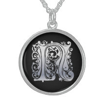 Initial Monogram "silversnöre för N på svart" hals