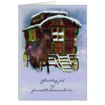 Isländsk julkort - häst och den gammala husvagnen 