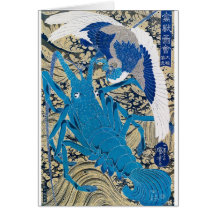 Japansk hummer och fågel som målar C. 1800's Hälsningskort