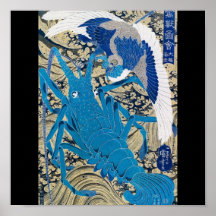 Japansk hummer och fågel som målar C. 1800's Japan Affischer