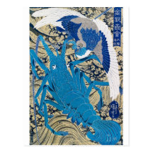 Japansk hummer och fågel som målar C. 1800's Vykort