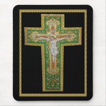 Jesus Kristus på kor. Grön silkereligiösakonst Musmatta