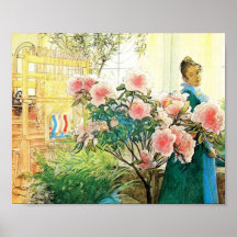 Karin med rosa blommor och henne vävstol affisch
