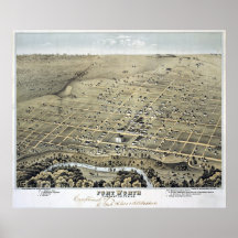 Karta 1876 av Fort Worth, TX-fågelöga beskådar Affisch