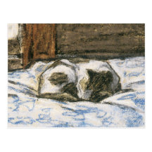 Katt som sovar på en säng vid Claude Monet Vykort