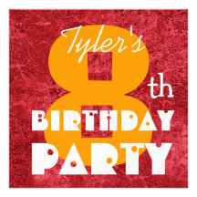 Kid's 8th Birthday Custom Name Red Gold 05 Invite