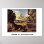 Landskap med solnedgång vid Giorgione Affischer
