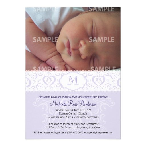 Lila damastast Monogramdop/Christening Inbjudningar