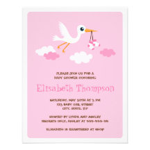 Lite rosa baby showerinbjudan för stork för flicko