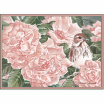 Målning för sångSparrow och rosa rosblomma Cut Out