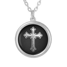 Metallisk crucifix på svart läder personliga halsband