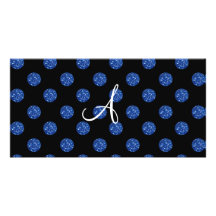 Monogram blue glitter polka dots photo card template