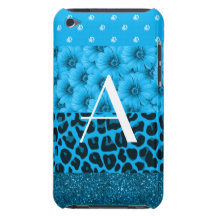 Monogram blue leopard flowers glitter diamonds barely there iPod cover