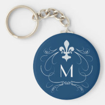 Monogram Elegant Fleur de Lis Blue Key Chain