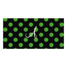 Monogram green glitter polka dots picture card