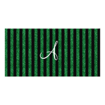 Monogram green glitter stripes personalized photo card