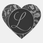 Monogram L silver och damastast bröllop för svart  Hjärtklistermärken