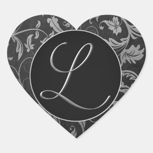 Monogram L silver och damastast bröllop för svart  Hjärtklistermärken