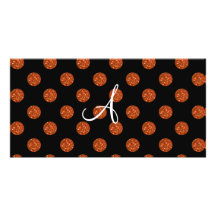 Monogram orange glitter polka dots customized photo card