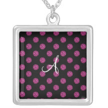Monogram pink glitter polka dots custom necklace