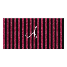 Monogram pink glitter stripes photo card template