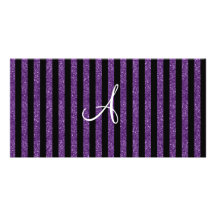 Monogram purple glitter stripes custom photo card