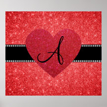Monogram red glitter red heart poster