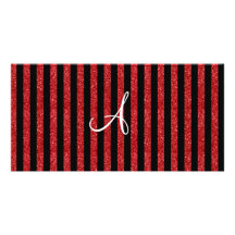 Monogram red glitter stripes photo greeting card