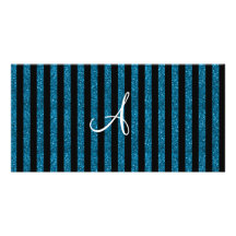 Monogram sky blue glitter stripes photo card