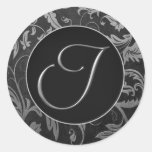 Monogram som jag försilvrar, och förseglar damasta runda klistermärken