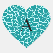 Monogram turquoise giraffe print heart sticker