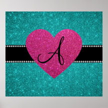 Monogram turquoise glitter pink heart print