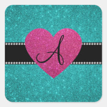 Monogram turquoise glitter pink heart stickers