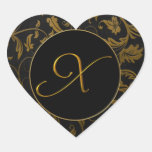 Monogram X guld- och svart damastast bröllop förse Hjärtformade Klistermärken