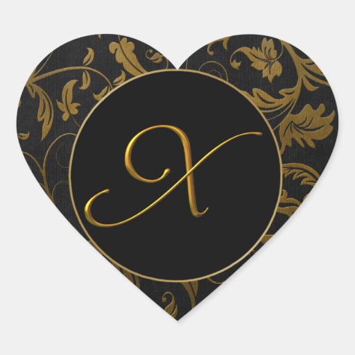 Monogram X guld- och svart damastast bröllop förse Hjärtformade Klistermärken