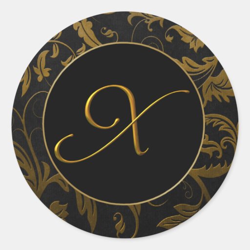 Monogram X guld- och svart damastast bröllop förse Rund Klistermärke