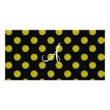 Monogram yellow glitter polka dots customized photo card