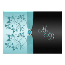 MonogramAqua, svart blom- bröllopinbjudan