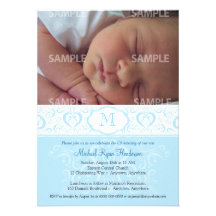 Monogramdop/Christening för blått damastast Individuella Inbjudningskort