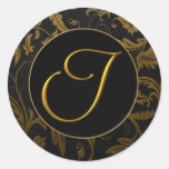 Monogramen förseglar jag guld och damastast bröllo rund klistermärke